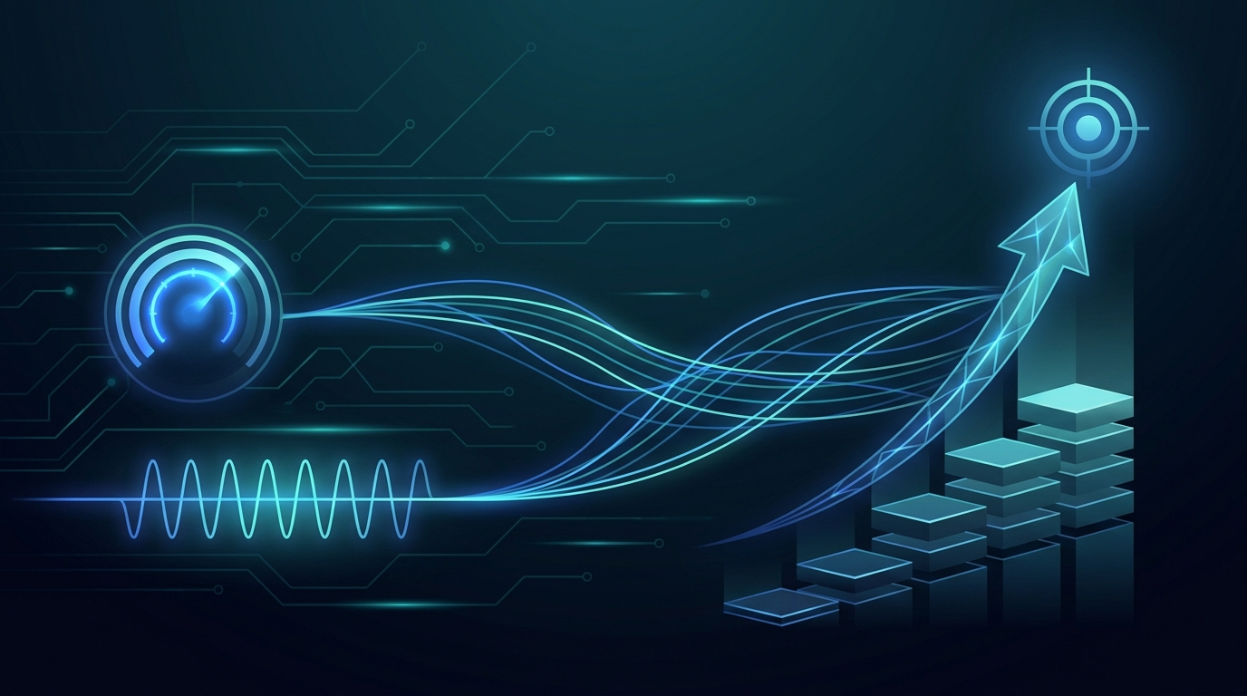 Abstract editorial illustration contrasting a performance health gauge with an ascending arrow climbing toward a target, representing KPIs versus OKRs in a security operations center.